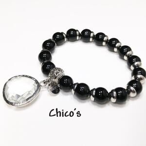 Chico’s Black Beaded Stretch Bracelet Silver Tone Clear Crystal Charm